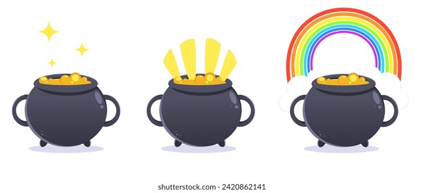 color vector illustration with a set of cauldrons with liquid gold