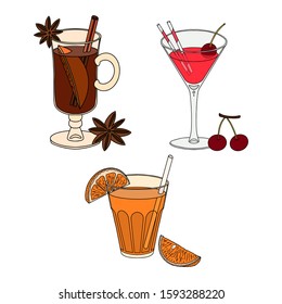 Color vector illustration. Set of cocktails and glasses with ice cream for menu decoration. Soft drinks in wine glasses with fruits. Alcoholic drinks. Objects are hand-drawn and isolated on white