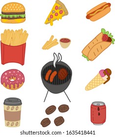 Color vector illustration set of fast food doodle on white background, sketch, coffee and donats, barbecue and pizza.