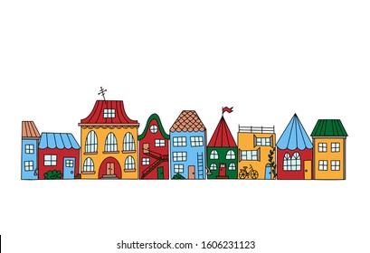 Color vector illustration. Set of houses in doodle style. Street with simple cute little houses. Illustration for children. Object is hand-drawn and isolated on a white background.