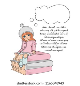 Color Vector Illustration Set THINKING GIRL for Digital Print, Holidays, Wall Art, Scrapbooking, Photo Album Design and Digital Paper
