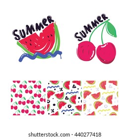 Color vector illustration set, Three simple summer seamless patterns and elements  poster. Thin marker hand drawn line water melon, sweet cherry for  icon, badge, card, t-shirts