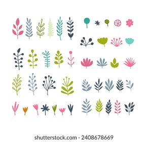 Color vector illustration with a set of various stylized plants and flowers in pastel colors on a white background.