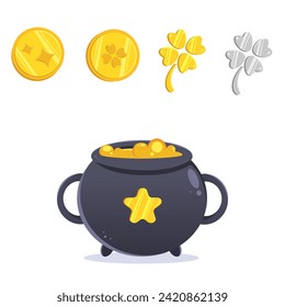 color vector illustration with a set of various coins and gold and silver elements in the form of clover, a cauldron with liquid gold