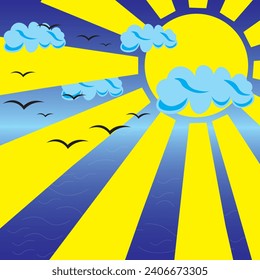Color vector illustration with shining sun over the sea. Transition from sea level to sky. Sun, sun rays, clouds, flying birds. Stylish illustration, summer, freedom, sea, animal, bird, sun rays