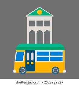 farbige Vektorgrafik mit einem vereinfachten Bild des Busses und des Gebäudes zum Drucken auf Postkarten, Bannern und anderen Illustrationen