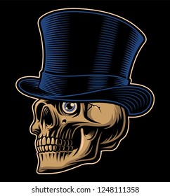 Color vector illustration of a skull in top hat on dark background.T-shirt design. All elements, color, text are on the separate groups.