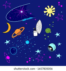 
Color vector illustration. Space, planets, stars, explorer, rocket, satellite. Used in design, illustration for books and magazines.