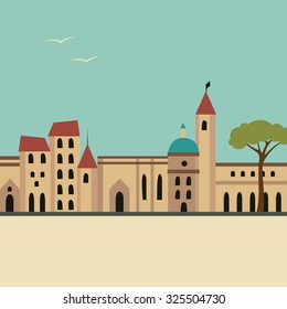 The color vector illustration of street with church. Chiesa di San Francesco, Ascoli Piceno, Marche, Italy.