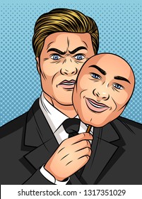 Color vector illustration in the style of comic pop art. A man holds a mask in his hands. Businessman hides his emotions. A man with a fake smile. Man liar with fake emotions