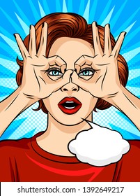 Color vector illustration in the style of comic pop art with a spy girl and a speech cloud. The girl holds her fingers in the form of glasses and looks forward. A beautiful woman is observing someone.