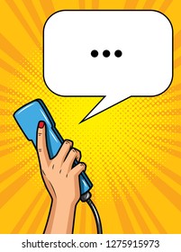 Color vector illustration in the style of pop art. Female hand is holding a telephone receiver on a dotted background. Flyer design for support center. Telephone communication with a speech bubble