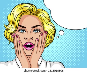 Color vector illustration in the style of pop art. The blonde girl opened her mouth in surprise. Beautiful woman in shock. The girl holds her hands near the face. Wow effect for girl