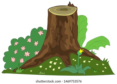 color vector illustration - summer stump on a hummock of grass covered with flowers, flowering bush and a young burdock