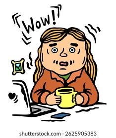 Color vector illustration of a surprised girl, at the office table with a cup of coffee, on a white isolated background