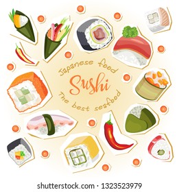 Color vector illustration. Sushi in Zine style. Gradient white background