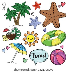 Color vector illustration with swimming circle, ball, sun, cocktail, palm, umbrella and starfish on white background. Good for printing. Postcard and logo elements. Isolated set.