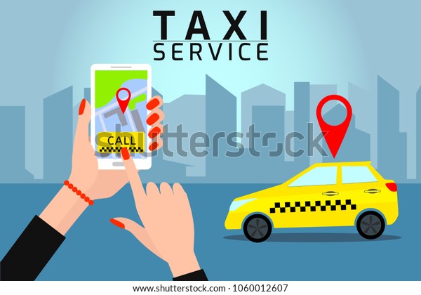 Color vector illustration taxi service in flat\
style.Urban view with taxi cab, hand with smartphone and taxi\
service application. 