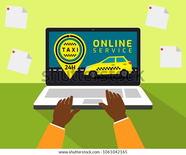 Color\
vector illustration taxi service in flat style.Urban view with taxi\
cab, hand with laptop and taxi service\
application.