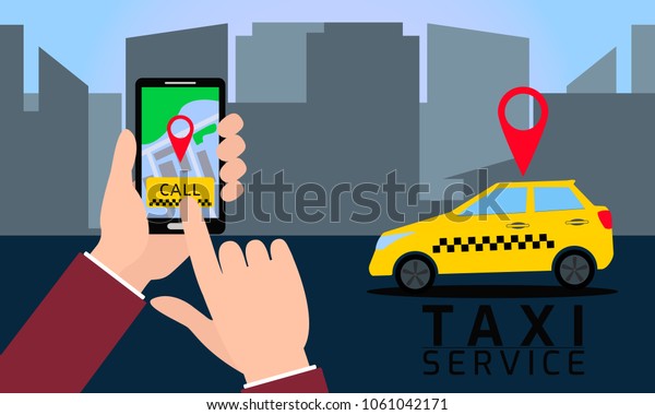 Color vector illustration taxi service in flat\
style.Urban view with taxi cab, hand with smartphone and taxi\
service application. 