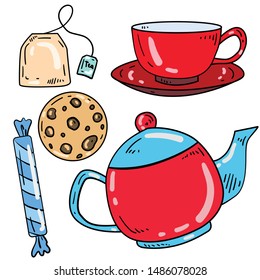 Color vector illustration with teapot, cup, tea, candy and cookie on white background. Postcard and logo ideas. Doodle style. Good for printing.