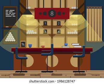 color vector illustration that shows a pool table, light 
from lamps, chairs, coffee, billiard balls and cues