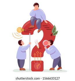 Color vector illustration. Three characters are studying the question from different sides on a white background.