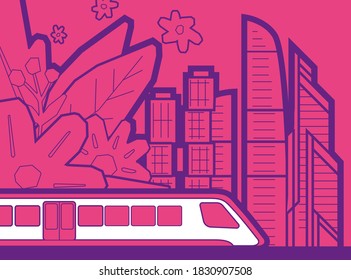 color vector illustration of the train on the background of the city and flowers