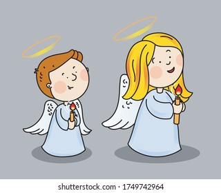 Color, vector illustration of two angels: a boy and a girl who are holding candles in their hands. Image on a gray background.