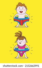 Color vector illustration of two children trying on underwear on a yellow background