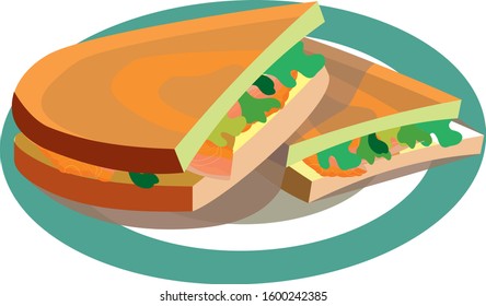 color vector illustration two sandwiches on a plate with greens and red fish