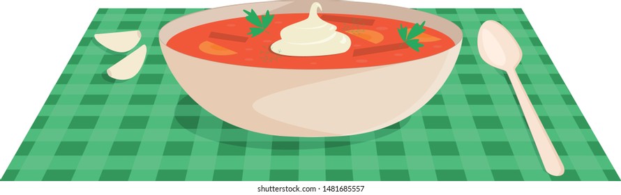  Ilustración vectorial de color. Plato ucraniano borsch en un plato blanco sobre una servilleta rayada verde. para diseñar un libro o menú de cocina