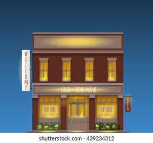 Color Vector Illustration Of Universal Small Store Front View With Copyspace At Night