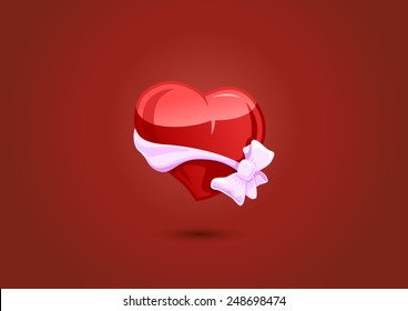 Color vector illustration of Valentine heart with a pink  bow-knot on red background