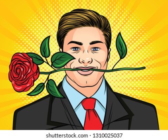 Color vector illustration for Valentine's Day in the style of pop art. A man holds a rose in his teeth. Handsome man in a suit with a flower in his mouth. Poster for Women's day man with a gift.