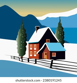 color vector illustration of a village house in winter next to a Christmas tree against a background of mountains for prints on cards and banners and for scene decoration