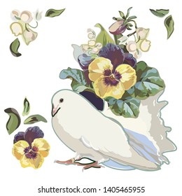 Color vector illustration with vintage flower bouquet, lilly of the valley, yellow pansy and white dove. Perfect for events, weddings and romance. Textile projects. Surface pattern design.
