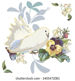 Color vector illustration with vintage flower bouquet, lilly of the valley, yellow pansy and white dove. Perfect for events, weddings and romance. Textile projects. Surface pattern design.