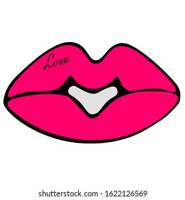 Color vector illustration voluminous plump lips painted with pink lipstick.  Tattoo - love. Juicy color.  Idea for stickers, web design. Isolated background. Valentine day, love.  Holiday print.