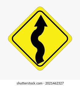 Color vector illustration of a warning sign for winding road. Yellow and black caution sign drawing.