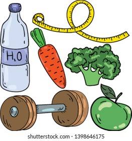Color vector illustration with water, bottle, carrot, apple, broccoli on white background. Cute cartoon sport and diet elements. Isolated set. Good for printing. Postcard and logo ideas. 