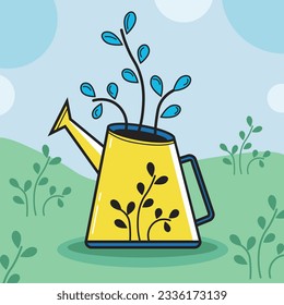 Color vector illustration of a watering can and flowers in the background