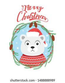 Color vector illustration of a white bear in a red sweater. Print with a picture of a bear in a frame of fir branches with cones and berries. Design for greeting card with merry christmas lettering