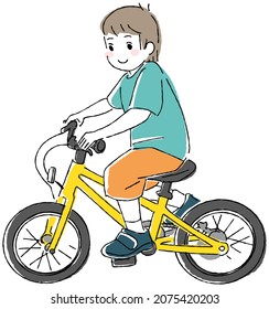 Ilustración de los vectores de color con borde blanco de un niño montando una bicicleta de los niños mangas cortas, ropa de verano primavera