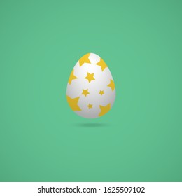 Color vector illustration of a white easter egg with ornament in the form of stars. On a green background. Idea for sticker, book, magazine. Easter. Holiday print.