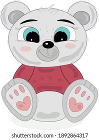 Color vector illustration of a white teddy bear in a sweater