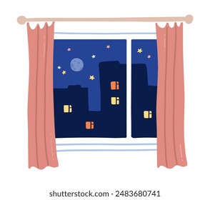 Color vector illustration of window with curtains and night city