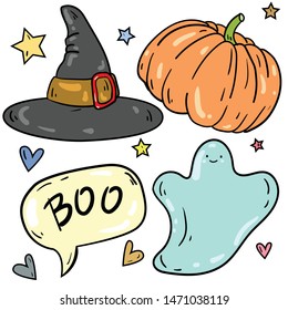 Color vector illustration with witch hat, ghost, pumpkin on white background. Halloween set. Postcard and logo idea. Hand drawn cartoon illustration. Good for printing. 