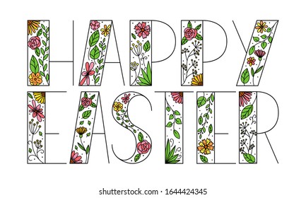 Ilustración del vector de color con las palabras Semana Santa feliz. Forma rectangular. Diseño floral. Letras geométricas llenas de flores y hojas dibujadas a mano.Elemento para decoraciones de Pascua. Aislado en blanco