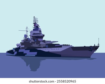 color vector illustration of a World War II heavy battleship type warship in purple tones, for designing your illustrations in military style